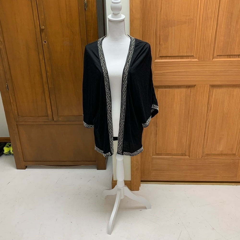 Leif Notes anthropologie long open cardigan beaded trim/collar relaxed shoulder